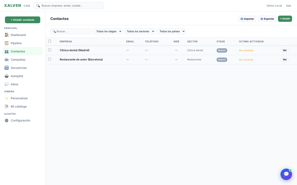 CRM de XALVEN con la lista de contactos, su sector, su estado en el pipeline y la última actividad.